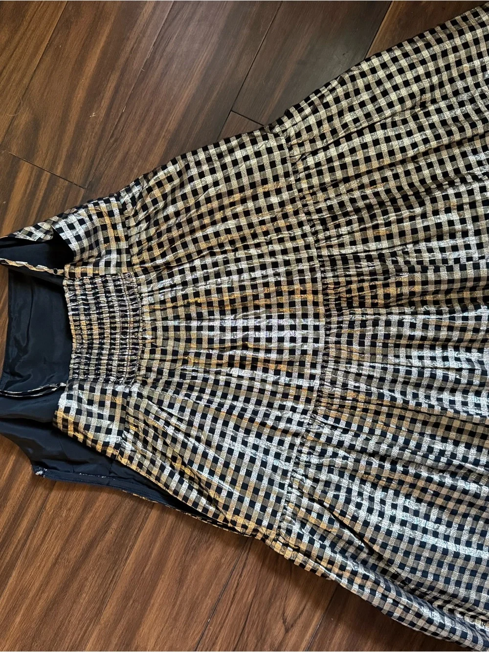 J. Crew Black and Gold Gingham Tiered Midi Dress